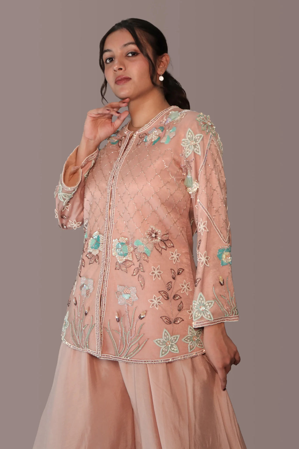 flowered jacket with flared pants