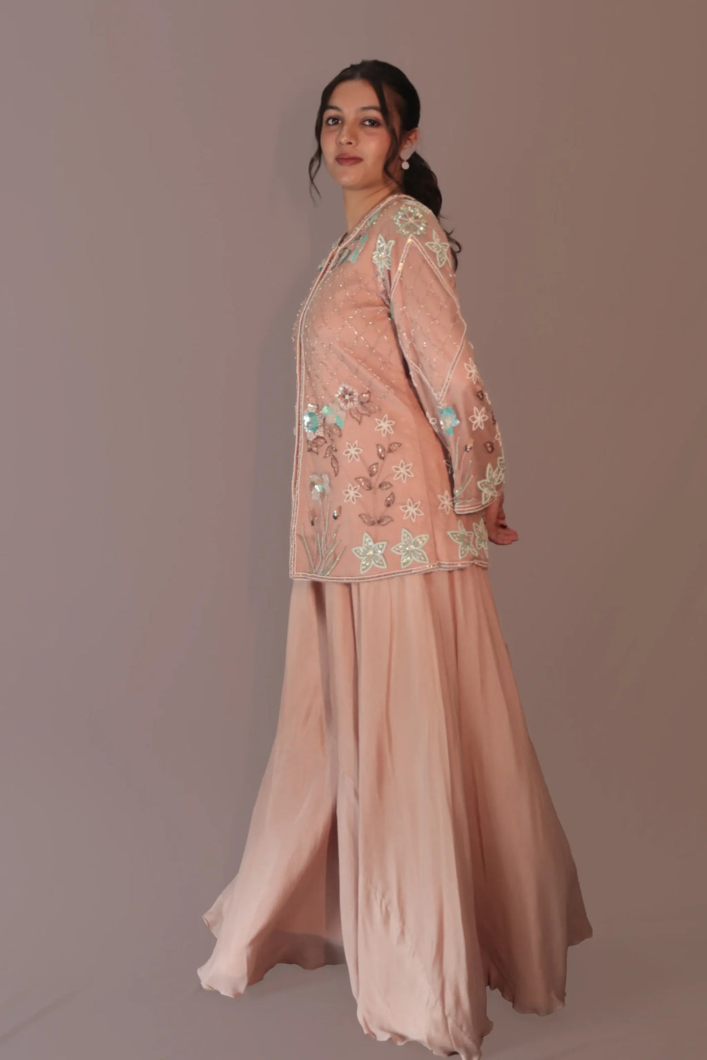flowered jacket with flared pants