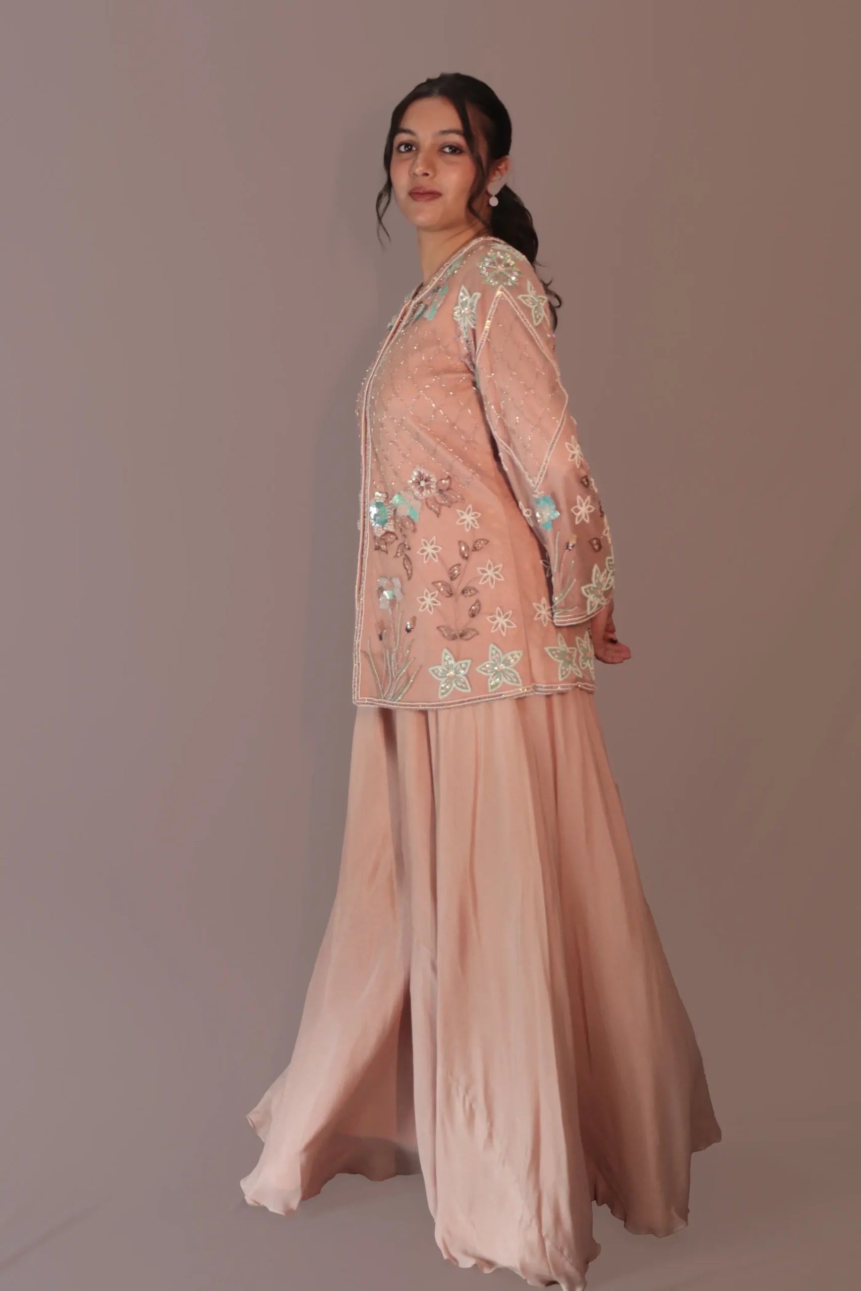 flowered jacket with flared pants