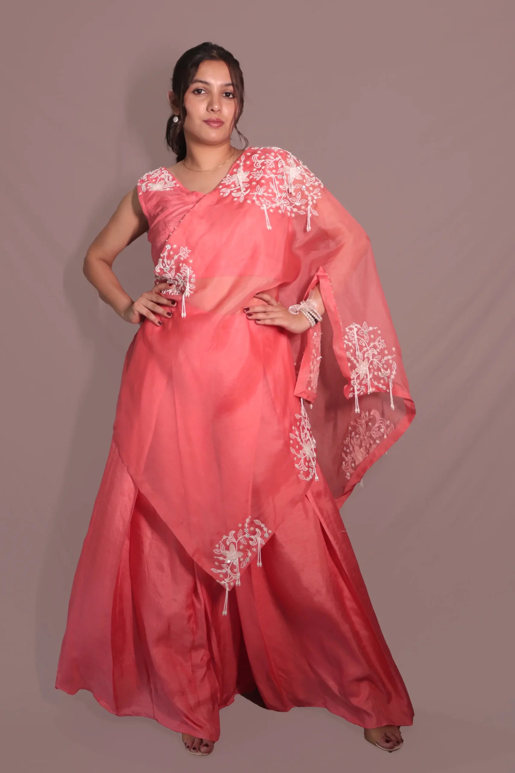 One shoulder cape with flared pants