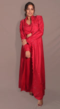 Long jacket with flared pants and bustier