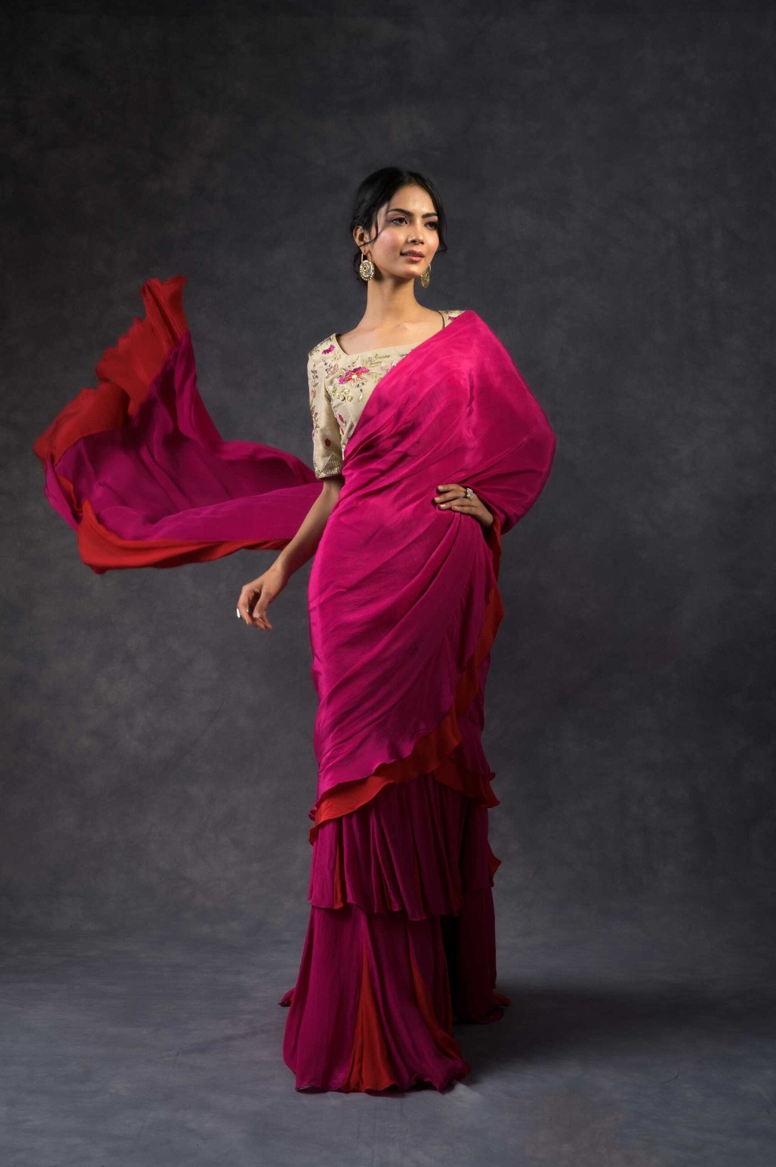 Double color ruffle saree