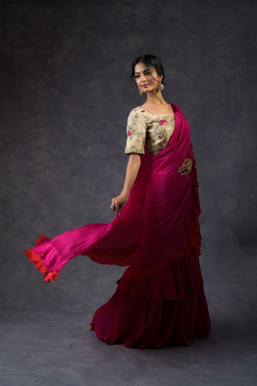 Double color ruffle saree