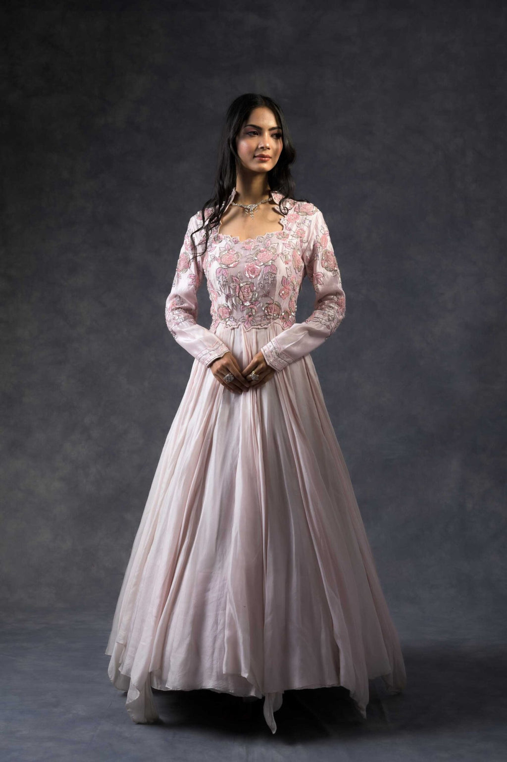 Pink rose flared gown