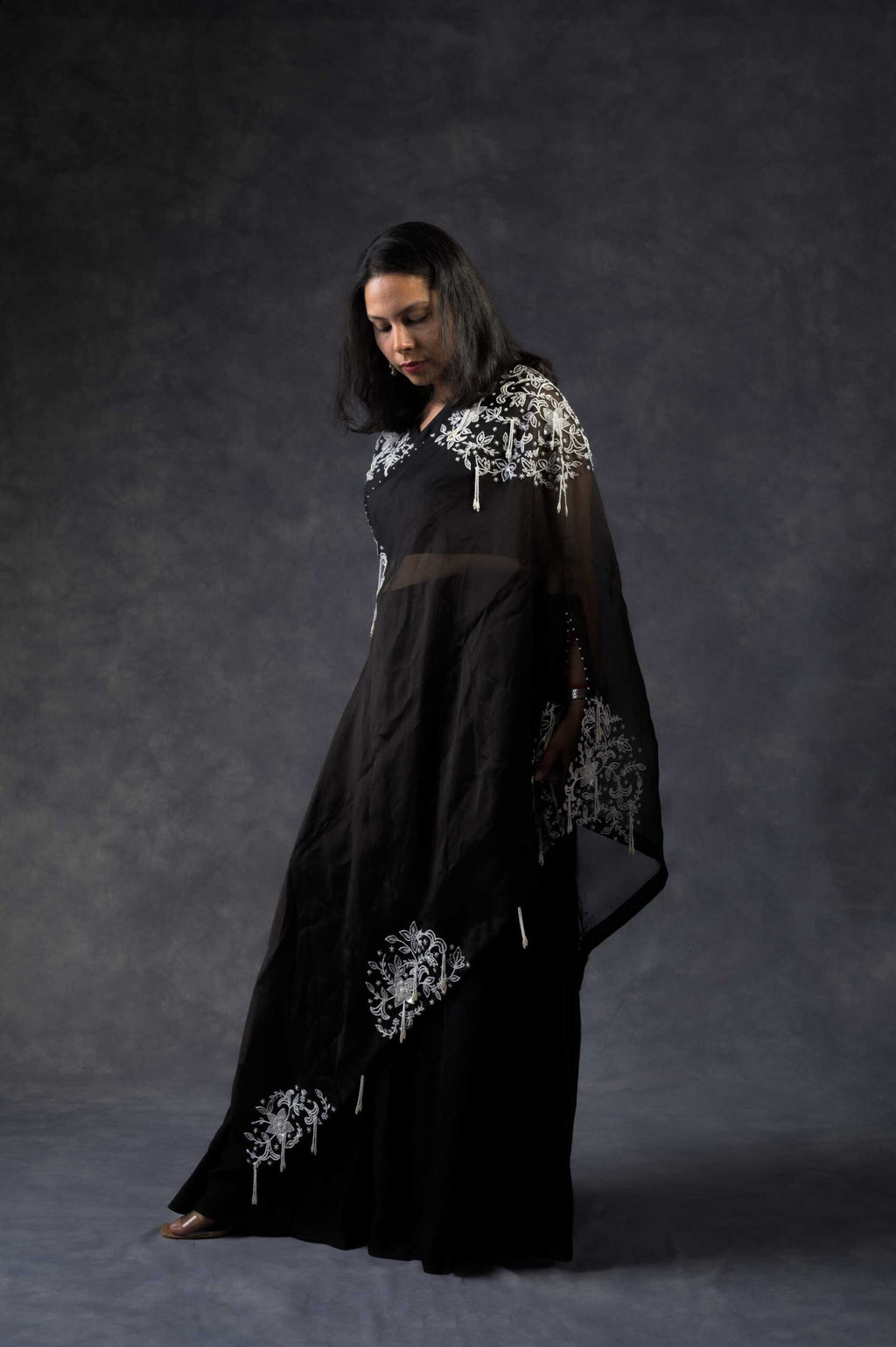 One shoulder cape with flared pants