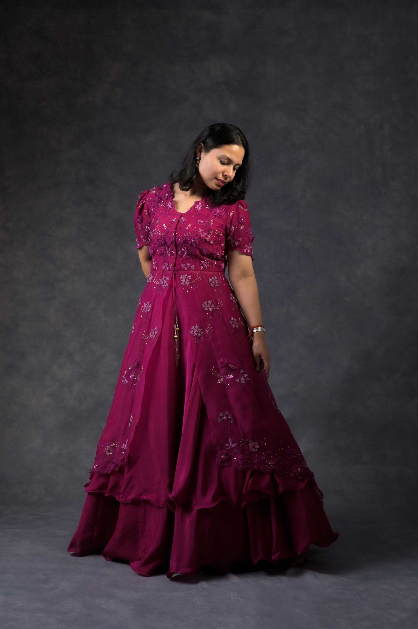 Wine coloured flared jacket with skirt
